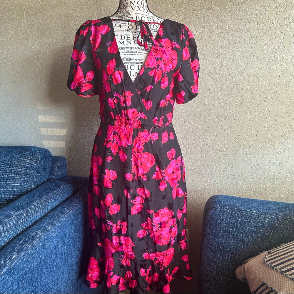 Milly Katia Floral Sheath Dress Ruffled Silk Puff Sleeve Formal Red Black Pink S